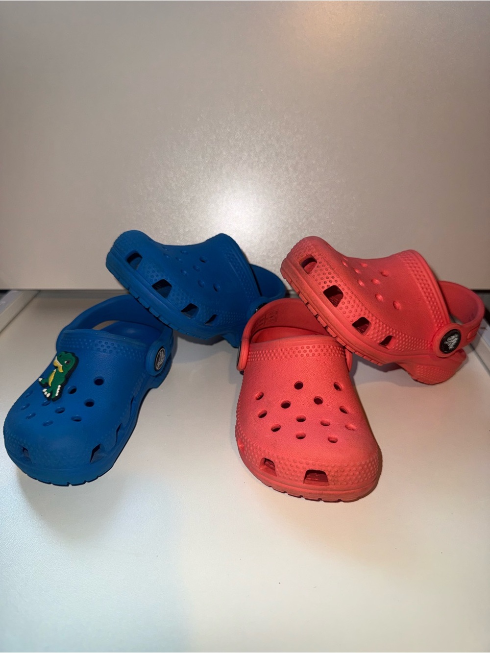 CROCS Toddlers Classic Clogs in Blue 4c and Coral 6c